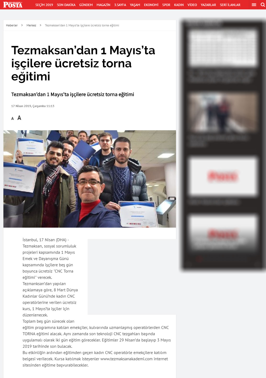 Tezmaksan’dan 1 Mayıs’ta İşçilere Ücretsiz Torna Eğitimi - Posta Gazetesi